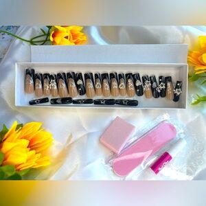 Glamorous Black & Nude Press-On Nails with Silver Heart and Star Charms